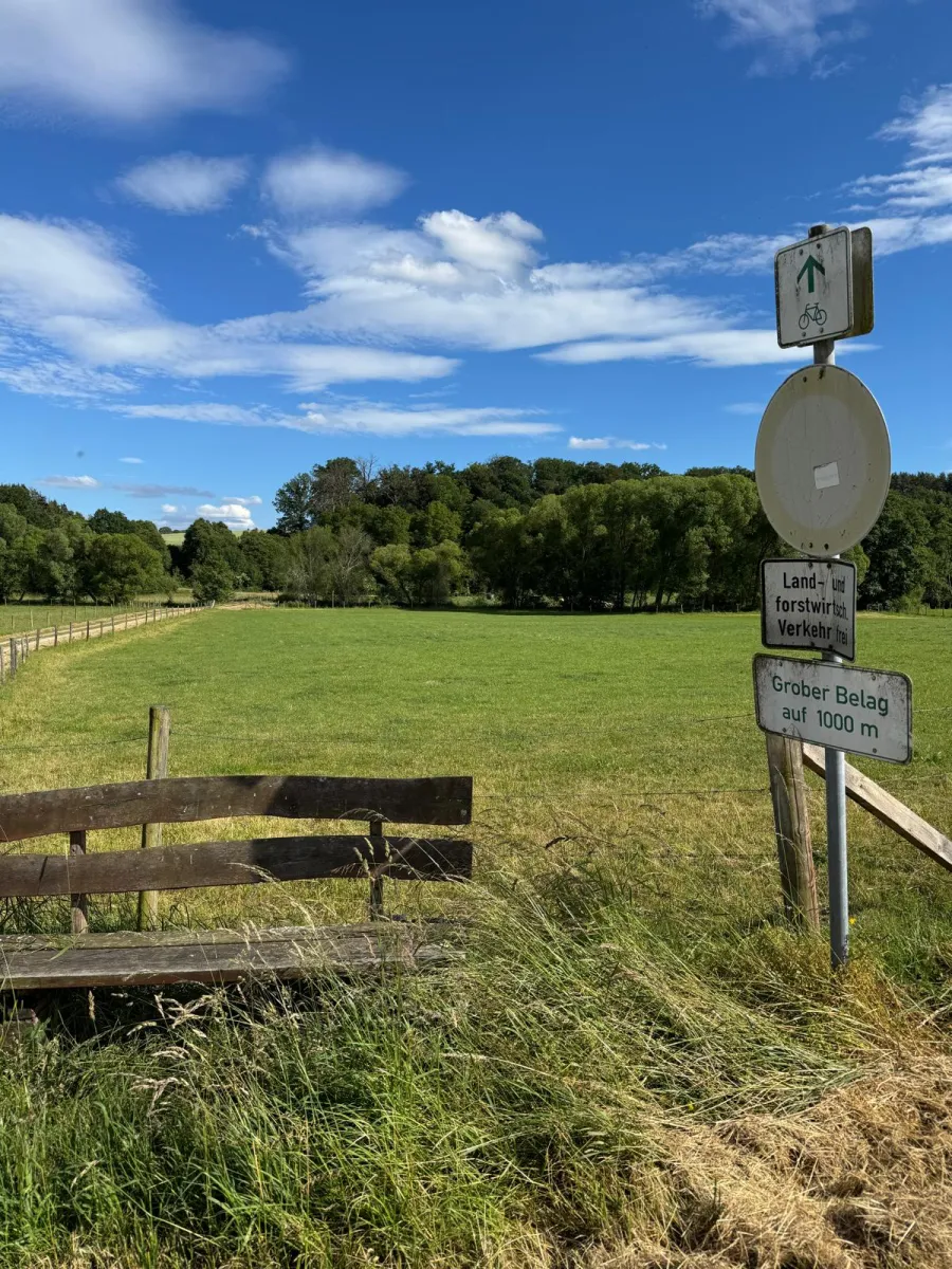 Wiesental bei den Schrebergärten in Ohlweiler mit Sitzbank und Wirtschaftsweg