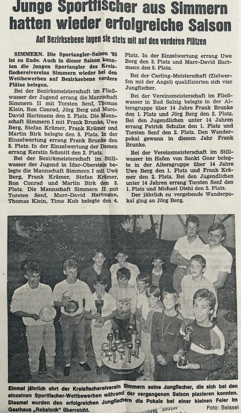 Zeitungsbericht von 1985 über die jungen Sportfischer aus Simmern